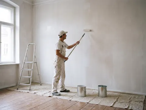 Malarz nakłada grunt wałkiem na świeżo otynkowaną ścianę