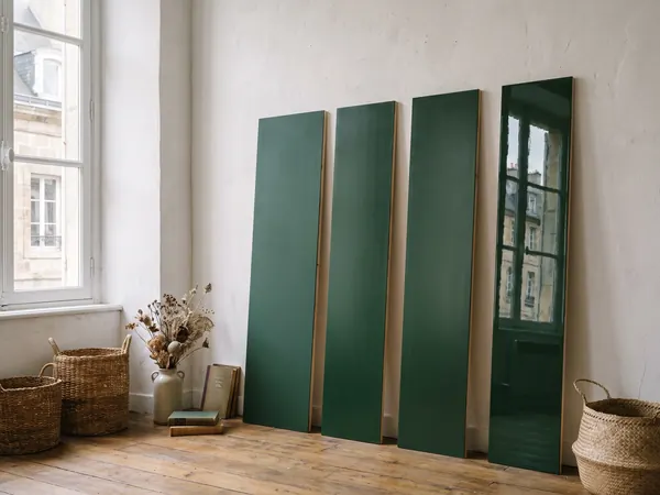 Cztery zielone próbki farby o różnym połysku: mat, velours, satyna i brillant